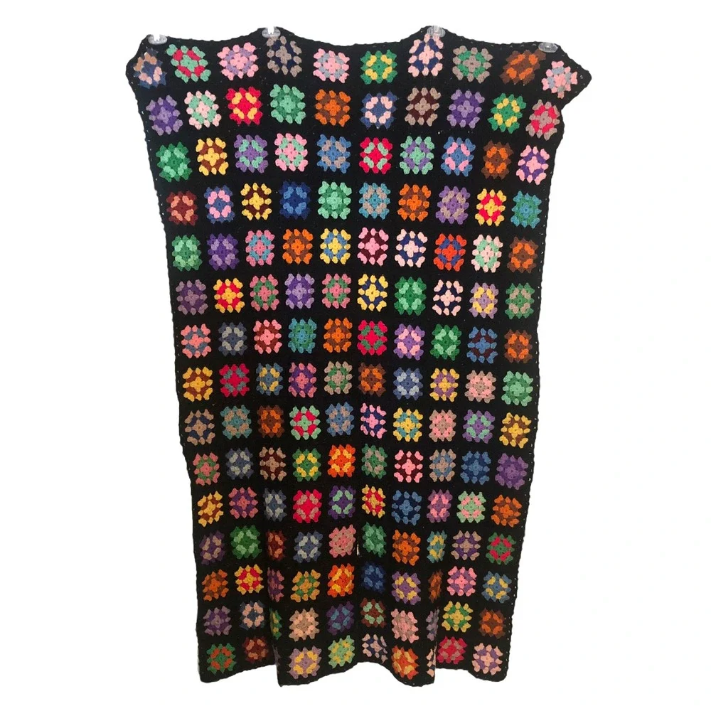 Vintage Granny Square Afghan Crochet Throw Blanket Black  38